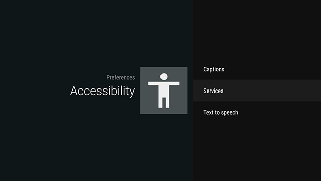 Image showing the Accessibility screen with Services selected