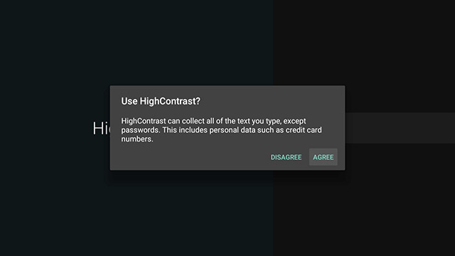 Image showing the acceptance popup for enabling High Contrast