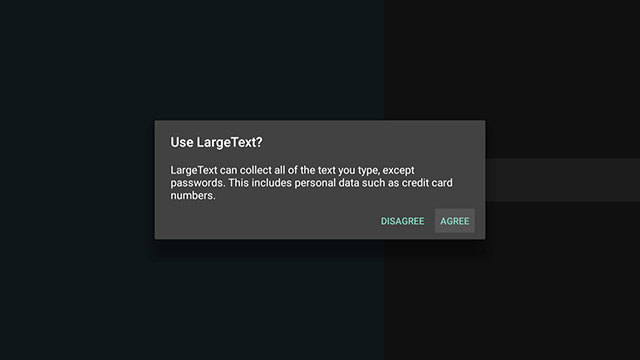 Image showing the popup requesting user to agree to Large Text