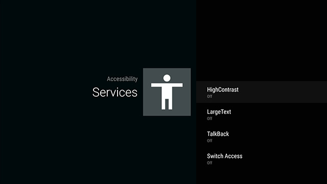 Image showing the Accessibility screen with Services selected