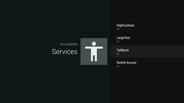 Image showing services screen, with Talk Back selected