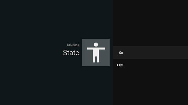 Image showing the TalkBack state screen with On selected