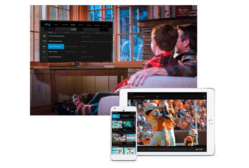 father and son watching Sling and mobile devices showing Sling interface