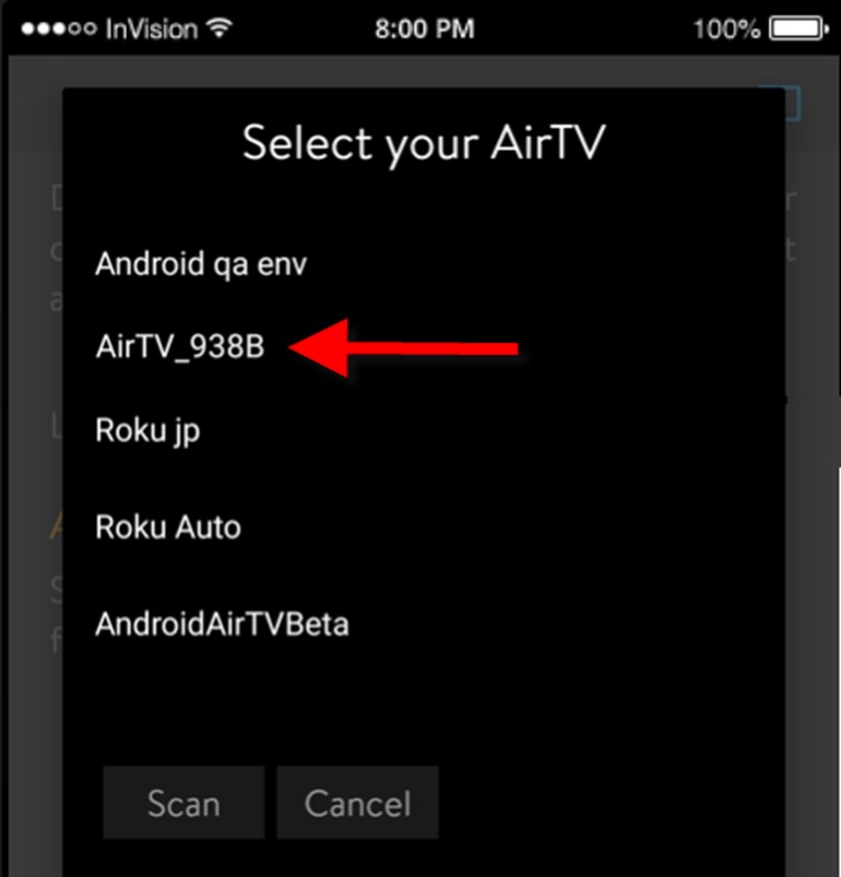 AirTV App Android phone WiFi selection