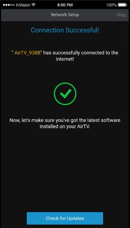 AirTV App WiFi connection confirmation message