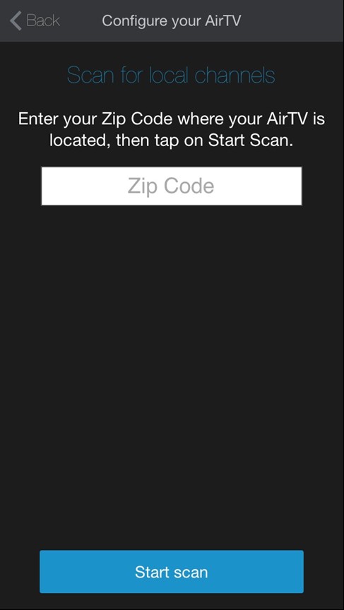 AirTV App: Enter zip code