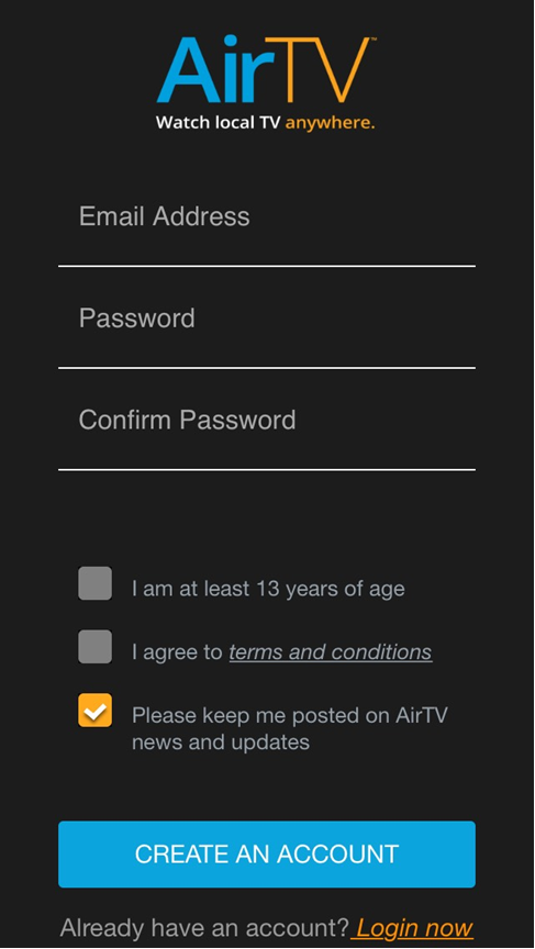 AirTV App Create account screen