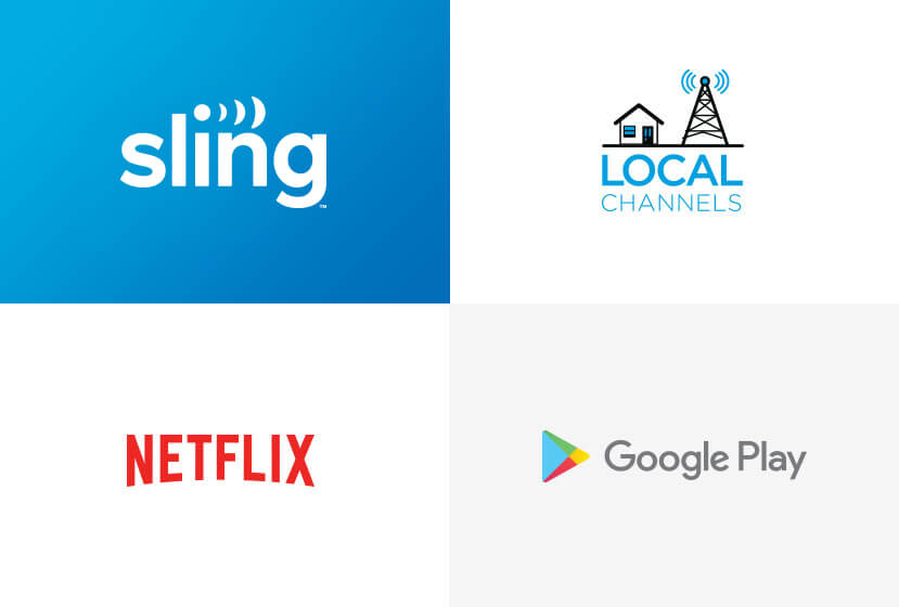 Logos for Sling, Netflix, Google Play, and Local Channels graphic