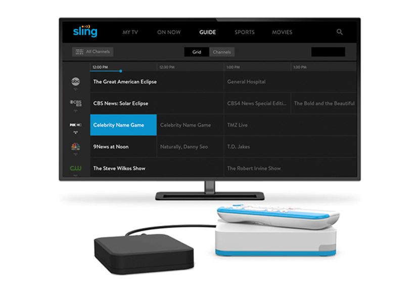 AirTV player with external hard drive and TV showing Sling guide