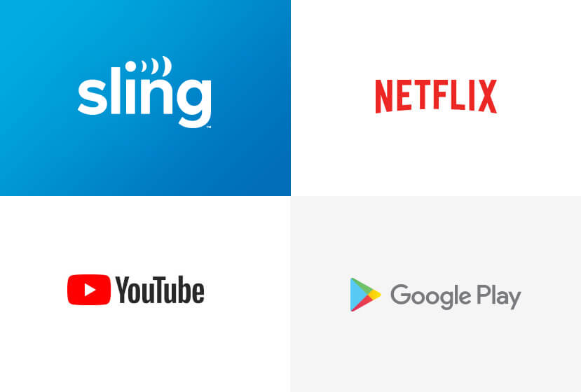 Sling, Netflix, YouTube, and Google Play logos