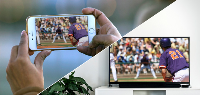 Mobile Phone and HDTV both showing the same baseball game